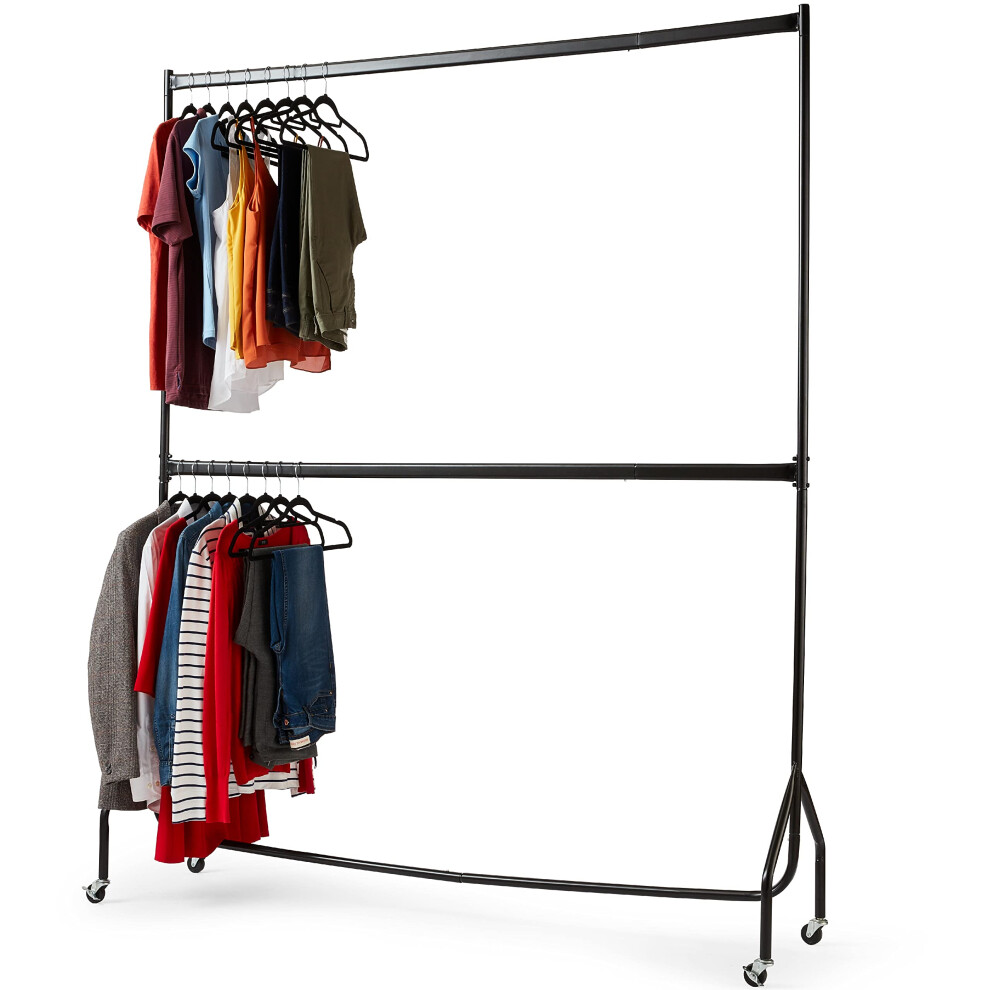House of Home Heavy Duty Metal Clothes Rail & Wheels - 2 Tier Double Rail Wardrobe Replacement - Hanging Clothing Rack - Clothes Storage & Organiser f