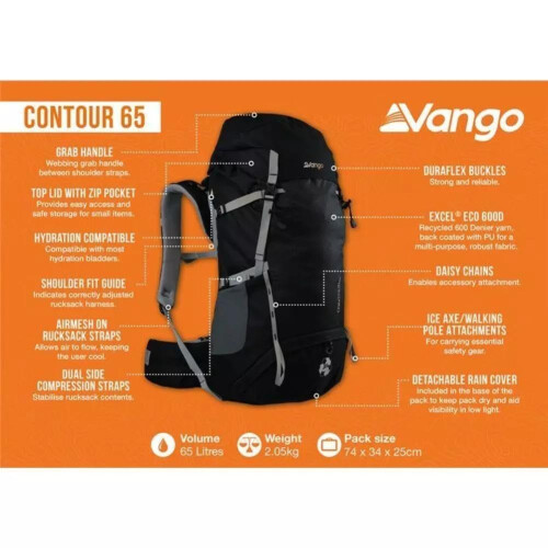 Vango Vango Contour 65L Trekking Rucksack (Black), Black, One Size 2