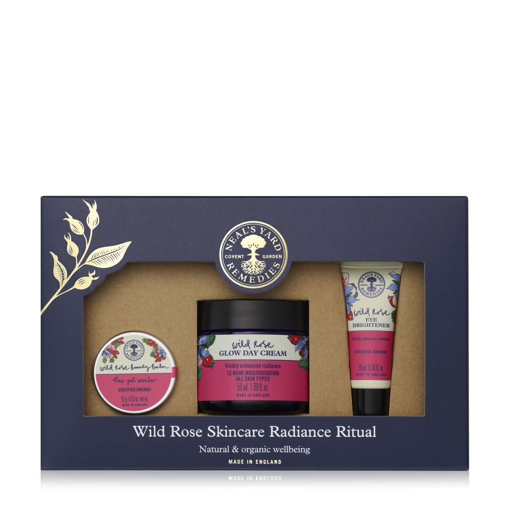 Neal's Yard Remedies Wild Rose Glow Skincare Collection, Skincare Set, Glow Cream, Eye Brightener & Beauty Balm, Vegan & Cruelty-Free