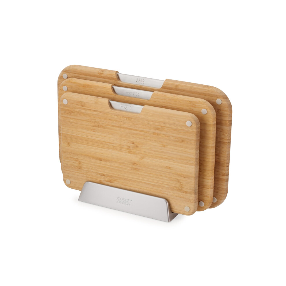 Joseph Joseph Nest   Boards 3-Piece Bamboo Cutting Board Set, Double-Sided, Non-Slip Feet, Stainless-Steel Tabs, Food Icons, Metal Stand