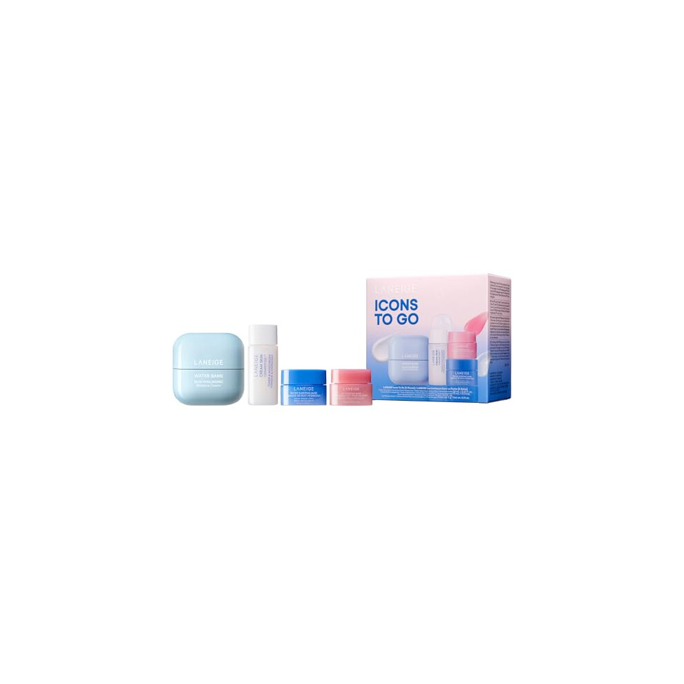 LANEIGE Icons To Go Set: Cream Skin, Water Bank Cream, Lip Sleeping Mask, Water Sleeping Mask, Travel Size, Full Size, Hydrate, Barrier-Boosting