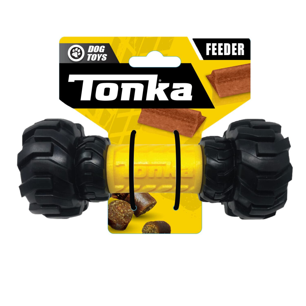 Tonka Axle Tread Dog Toy with Interactive Feeder, Lightweight, Durable and Water Resistant, 7 Inches, for Medium/Large Breeds, Single Unit, Yellow/Bla