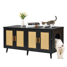 VEVOR Cat Litter Box Enclosure for 2 Cats, Litter Box Furniture Hidden with Rattan Decorated Doors, Wooden Cat Box Cabinet Fit Most of Litter Box, 47.