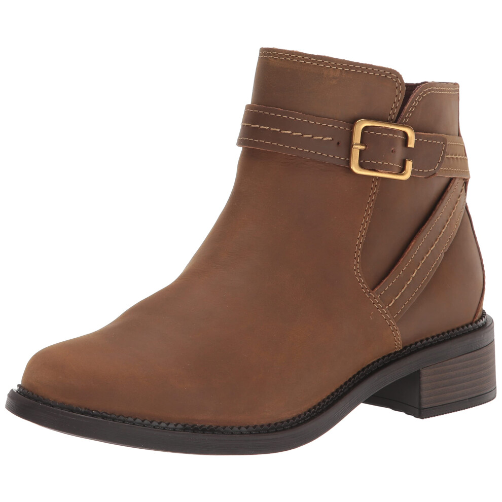 Clarks Women's Maye Strap Ankle Boot - Dark Tan Leather, Size 6 | Zip Closure, Adjustable Buckle, Cushioned PU Footbed, 40mm Heel KC578-i14P-2