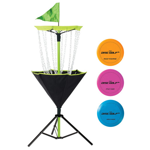 Franklin Sports Disc Golf Basket + Discs Set - Portable Disc Golf Target Basket with Chains - 3 Discs Included - Driver  Mid-Range + Putter
