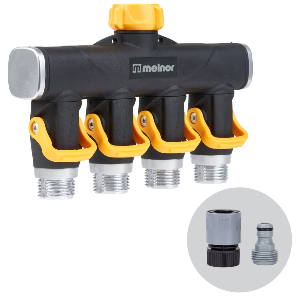 Melnor 65135AMZ 4 Way Lever Flow Through Valve Connector Bundle  Yellow  Black