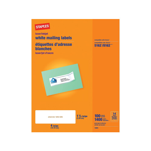 Staples Staples 479878 Etiquetas de endere  o a laser/jato de tinta 1 1/3 polegada x 4 polegadas brancas 1