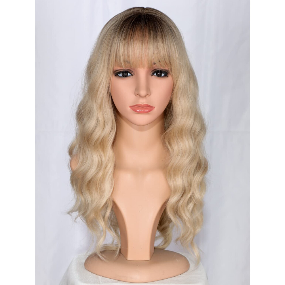 SYMEIW Medium Long Blonde Wavy Wigs For Women Synthetic Full Hair Wigs With Bangs For Daily Use (Blonde)