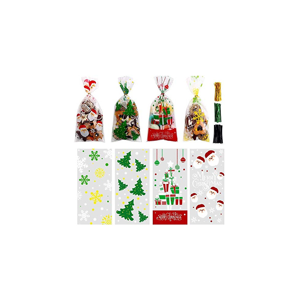 LOKIPA 200 Pcs Christmas Cellophane Treat Bags  Xmas Clear Cello Gift Bags Candy Goodies Bags with Twist Ties for Christmas Party Supplies