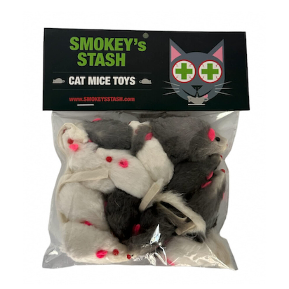 Smokey 's Stash Rabbit Fur Mouse Cat Toy 12 per Pack White and Gray Fuzzy Toys for Cats with Rattle Realistic Fake mice (12)