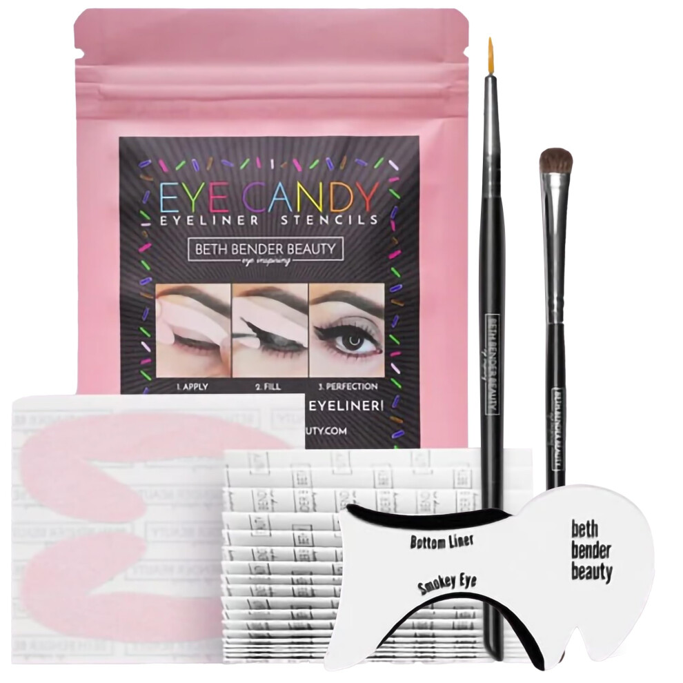 Beth Bender Beauty Deluxe Set - Perfect Wing Tips and Cat Eyes - Fits All Eye Shape - 12 Stencil Sheets  Smokey Eye Stencil  Brushes and Instructions