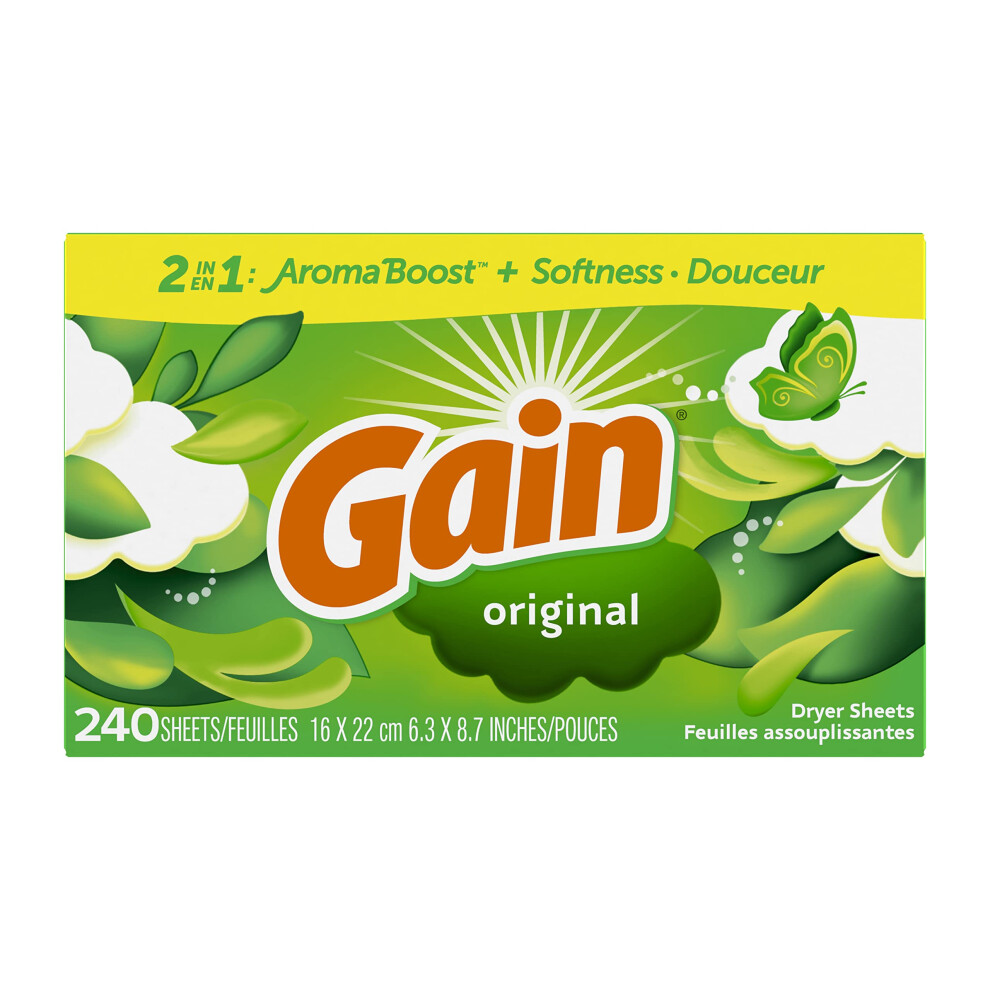 Gain Dryer Sheets  240 Count  Original Scent Laundry Fabric Softener Sheets with 2-in-1 Aromaboost Plus Softness
