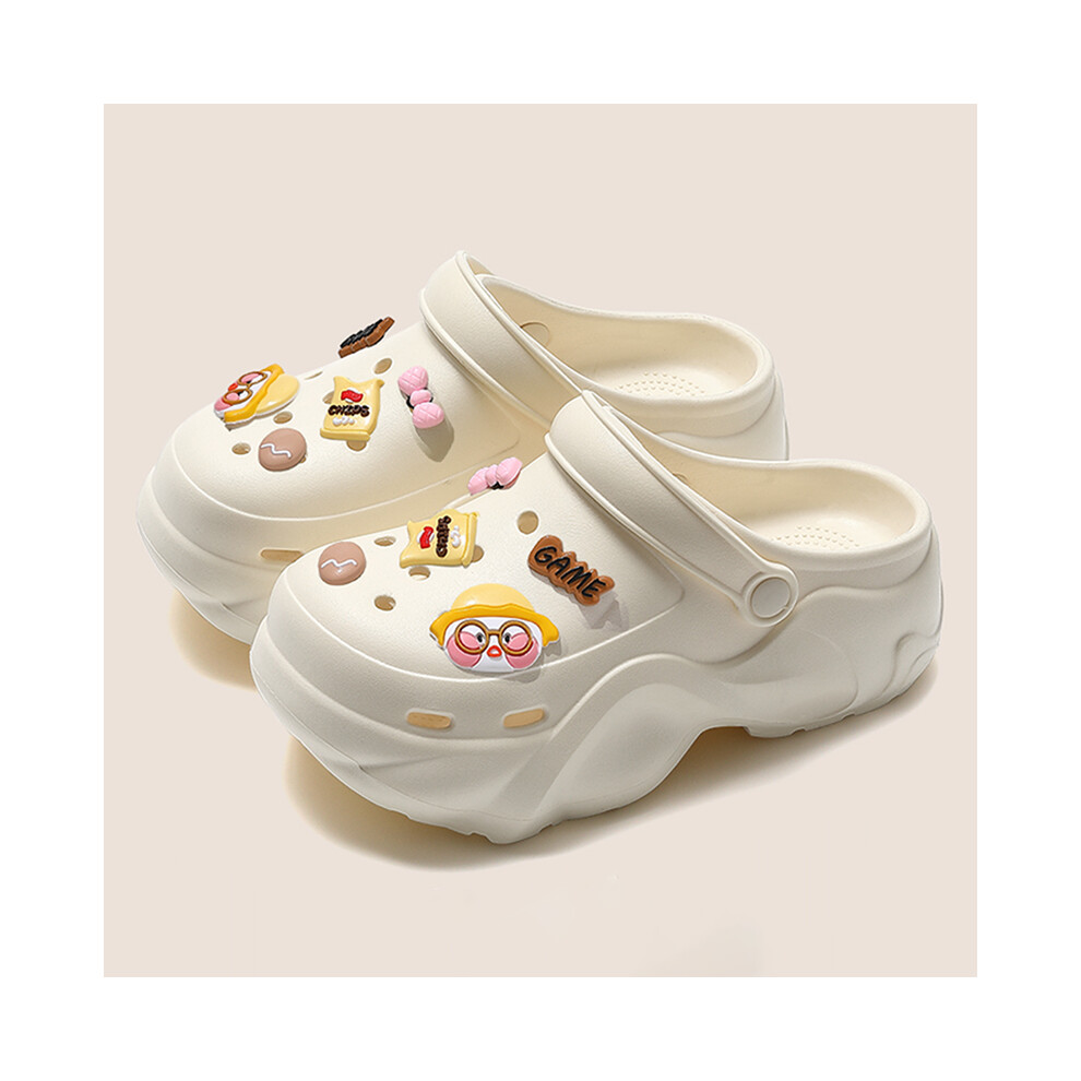 (C-Beige, 39-40(Fit Foot 245)) Thick Bottom Sandals For Women Black White Slippers Outdoor Fashion Pearl Luxurious Diamond DIY Garden Sandals Clogs Water Shoes