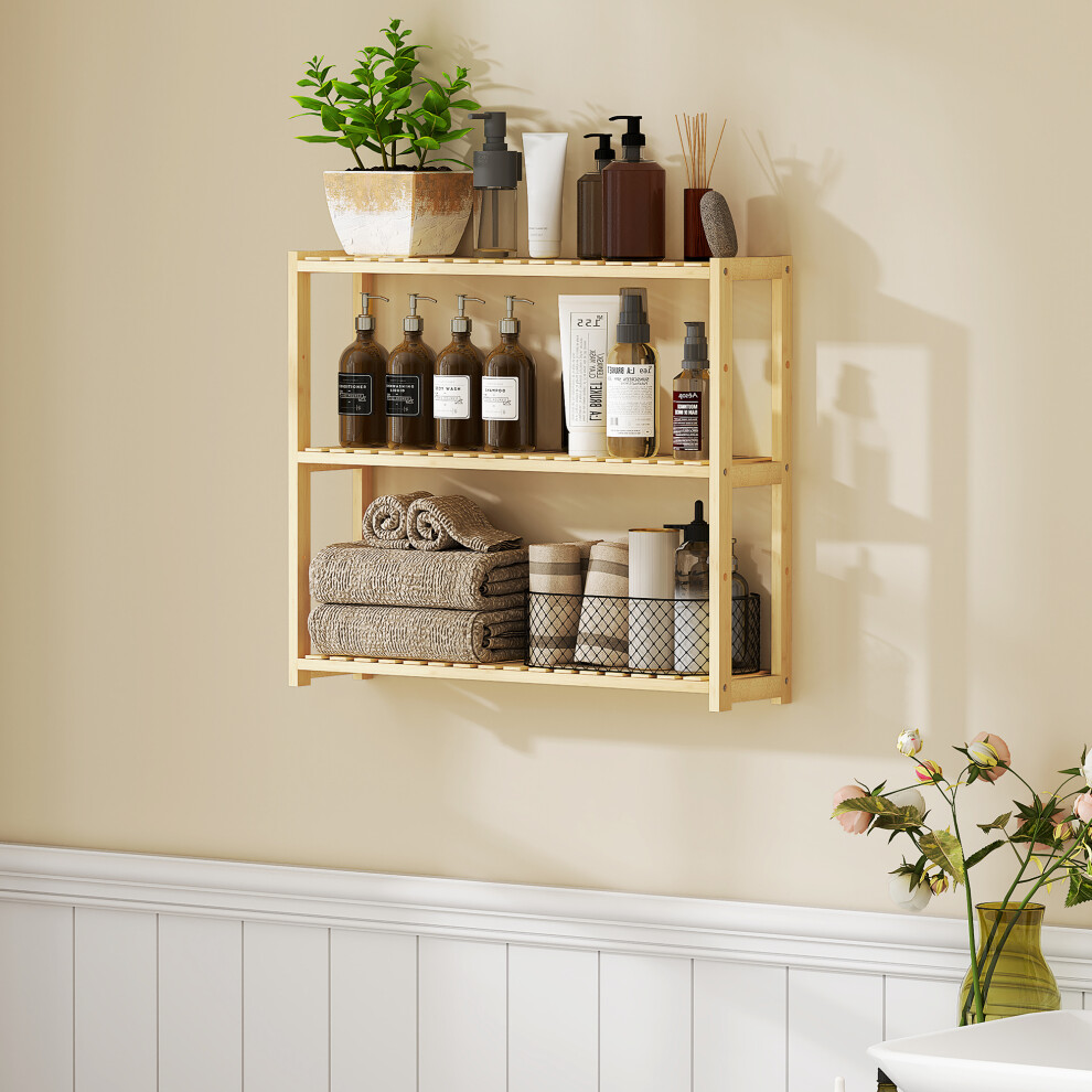 HOMCOM 3-Tier Bamboo Adjustable Bathroom Storage Shelf, Natural