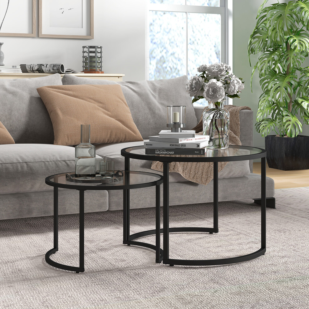 HOMCOM Glass Coffee Table Set of 2, Round Nest of Tables, Black