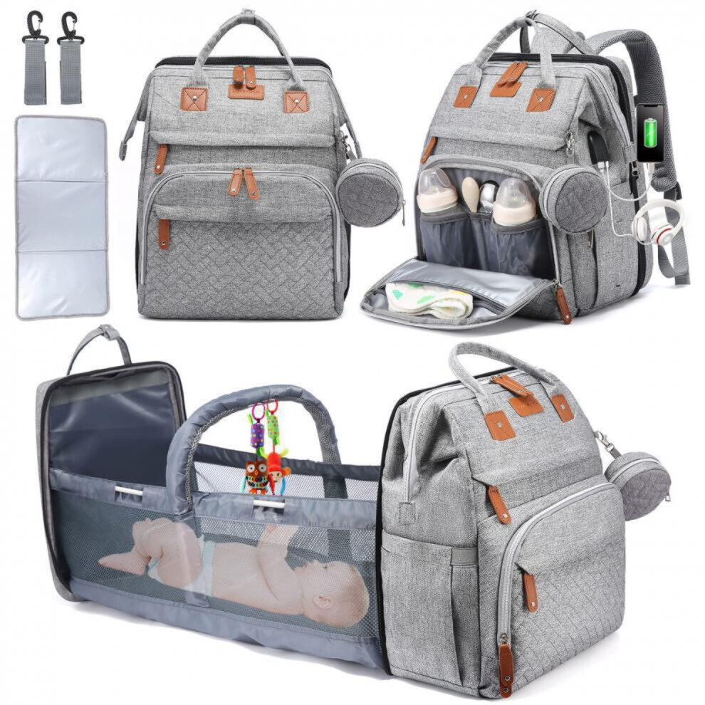(gray) Multifunctional Diaper Bag Backpack with Changing Station Waterproof Large Capacity Baby Travel Bag