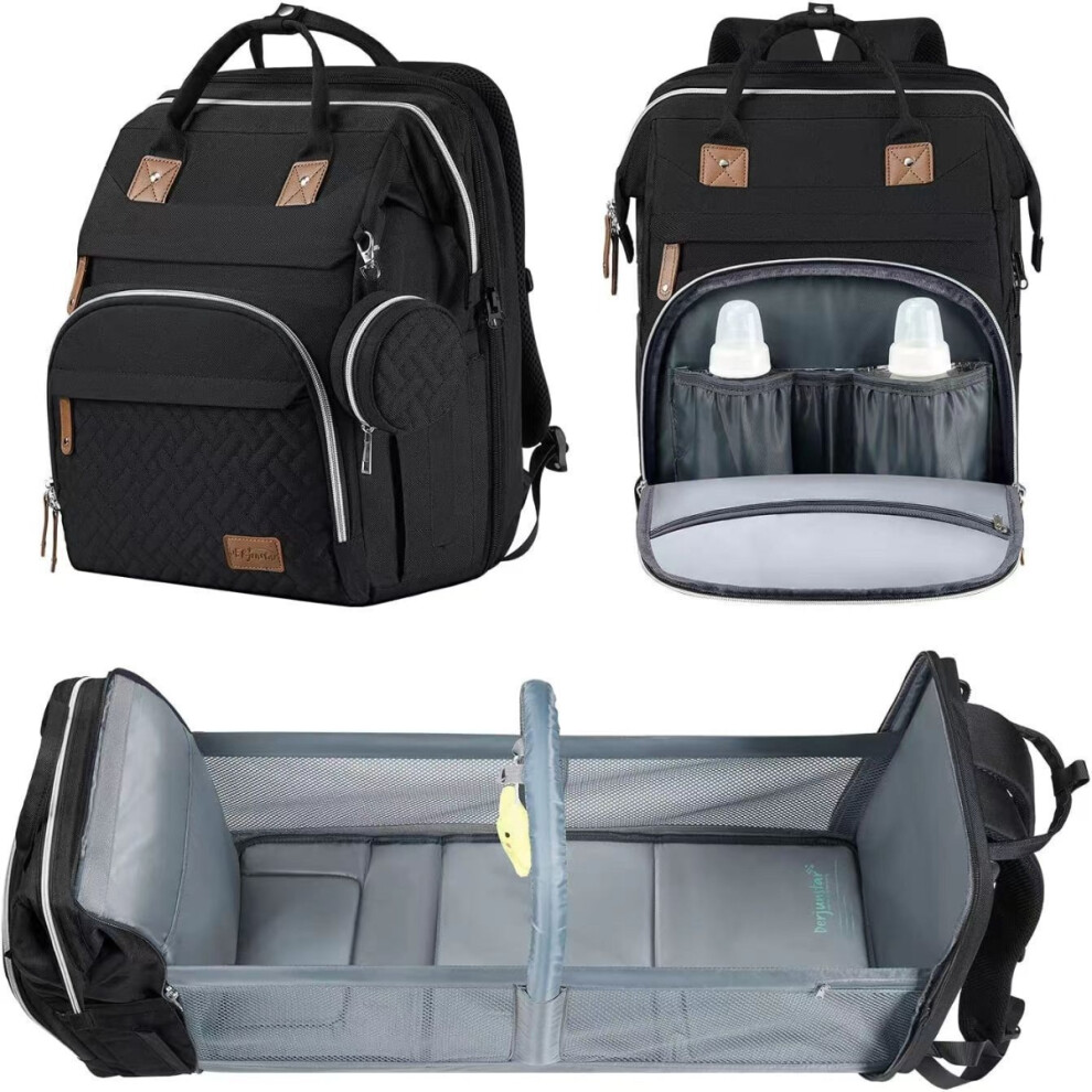 ( ) Multifunctional Diaper Bag Backpack With Changing Station Waterproof Large Capacity Baby Travel Bag Black