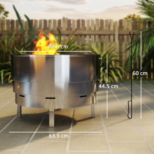 Outsunny Outsunny Round Fire Pit with Grill Net, Stainless Steel Firepit, Silver 2
