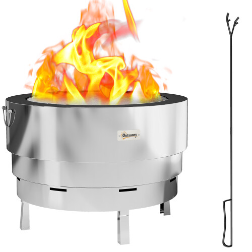 Outsunny Outsunny Round Fire Pit with Grill Net, Stainless Steel Firepit, Silver 1