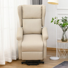 713-031V71BG HOMCOM Power Lift Chair: Beige Linen Upholstered Recliner with Remote, 135 Back, 45 Lift, 200 kg Capacity