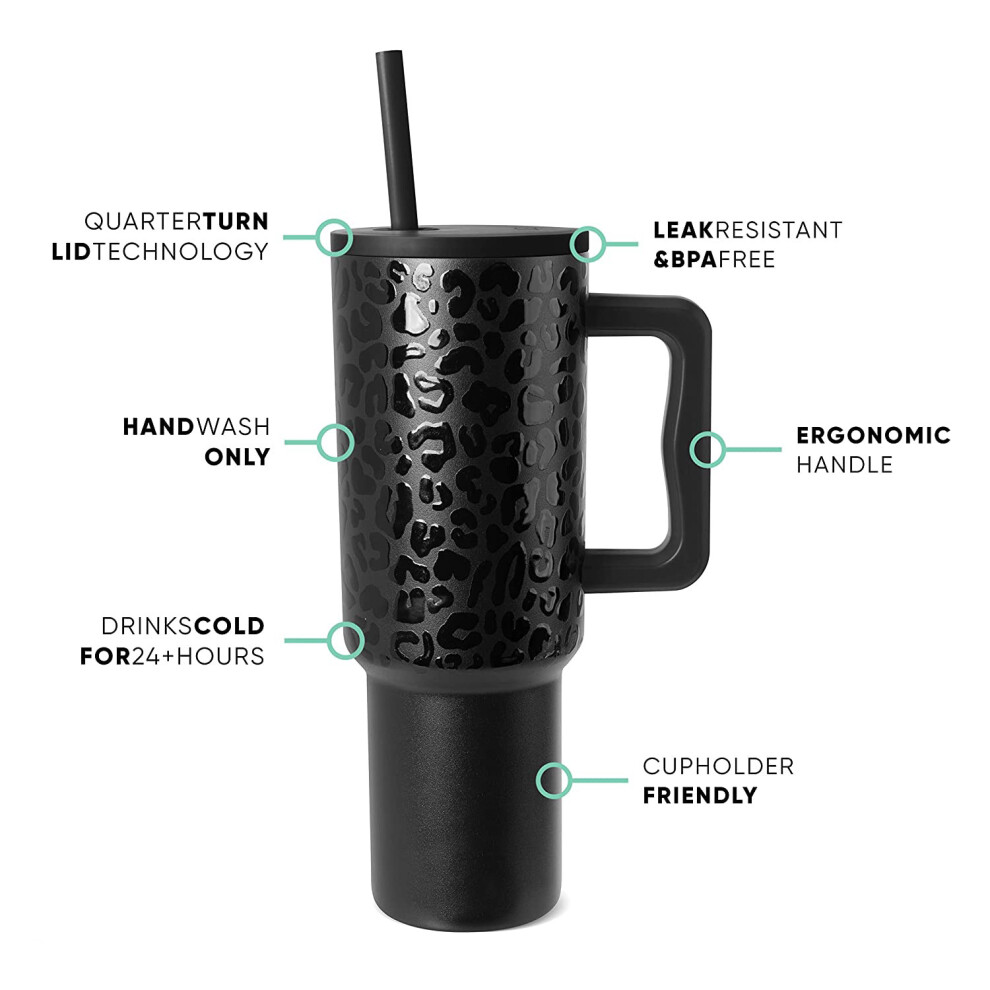 (Black leopard pattern, 1200ml) New 40oz thickened handle car cup 304 stainless steel giant thermos ice water cup
