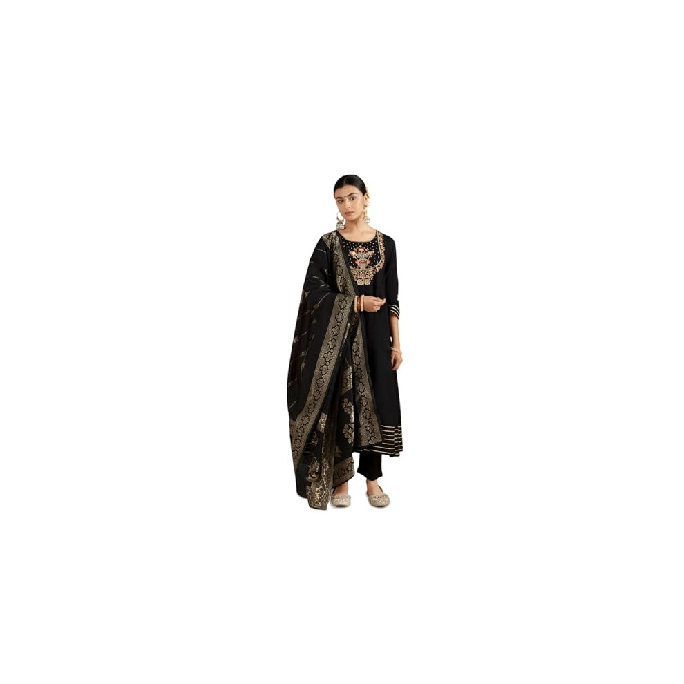 Kaari Set Kurta Da Donna Ricamato Con Dupatta, Misto Seta Con Ricamo, Set Kurta Da Donna, Kohl Nero, Medium-image