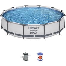 Bestway Steel Pro Pool Swimming Pool, Round Above Ground Garden Frame Pool, Multiple Sizes, 12' x 30"/3.66m x 76cm, Grey