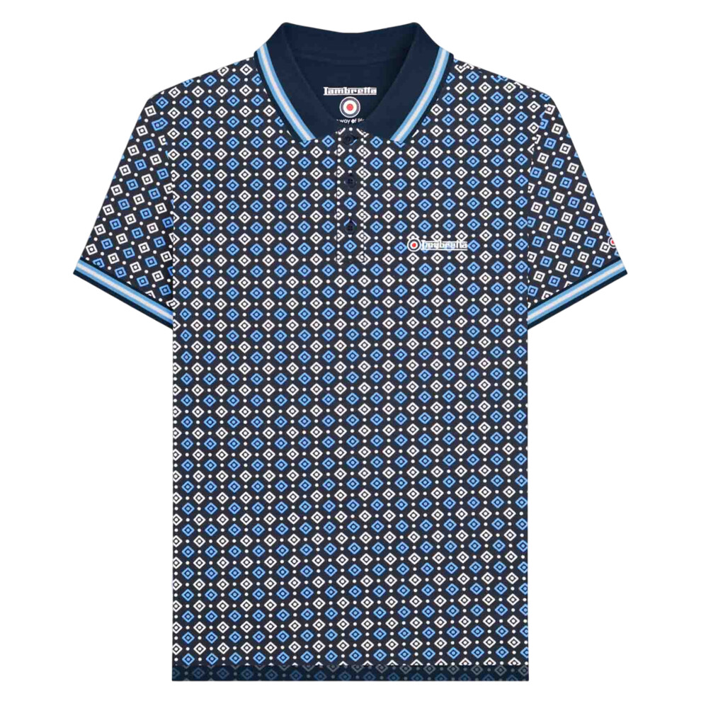 (5XL, Navy/Azure Blue) Lambretta Mens SS25 Geometric Big & Tall Polo Shirt