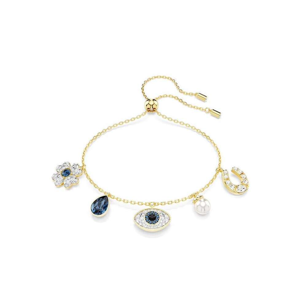 Symbolica Gold-tone Plated Clover Evil Eye, Horseshoe Blue Crystal Pearl Bracelet 5692162