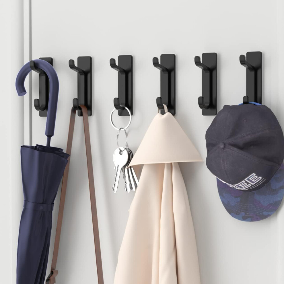 6-Pack Stick on Hooks for Hanging, Extra Sticky 6KG (Max), Coat Hooks for Door Self Adhesive,, for Towel Coat Hat Purse in Bathroom Shower, Black