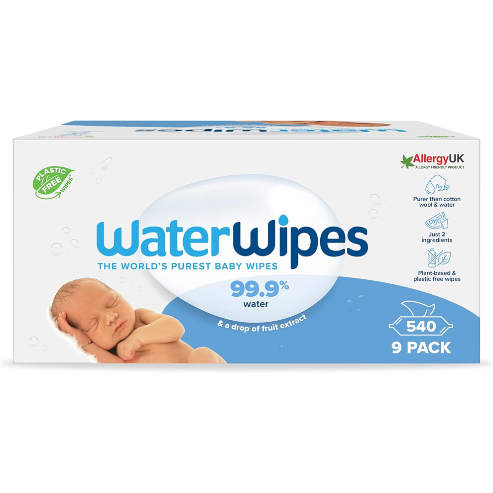 WaterWipes Baby Wipes 9x60 Pack Sensitive Newborn Biodegradable Unscented, 99.9% water (540 Wet Wipes), White (Packaging may vary)