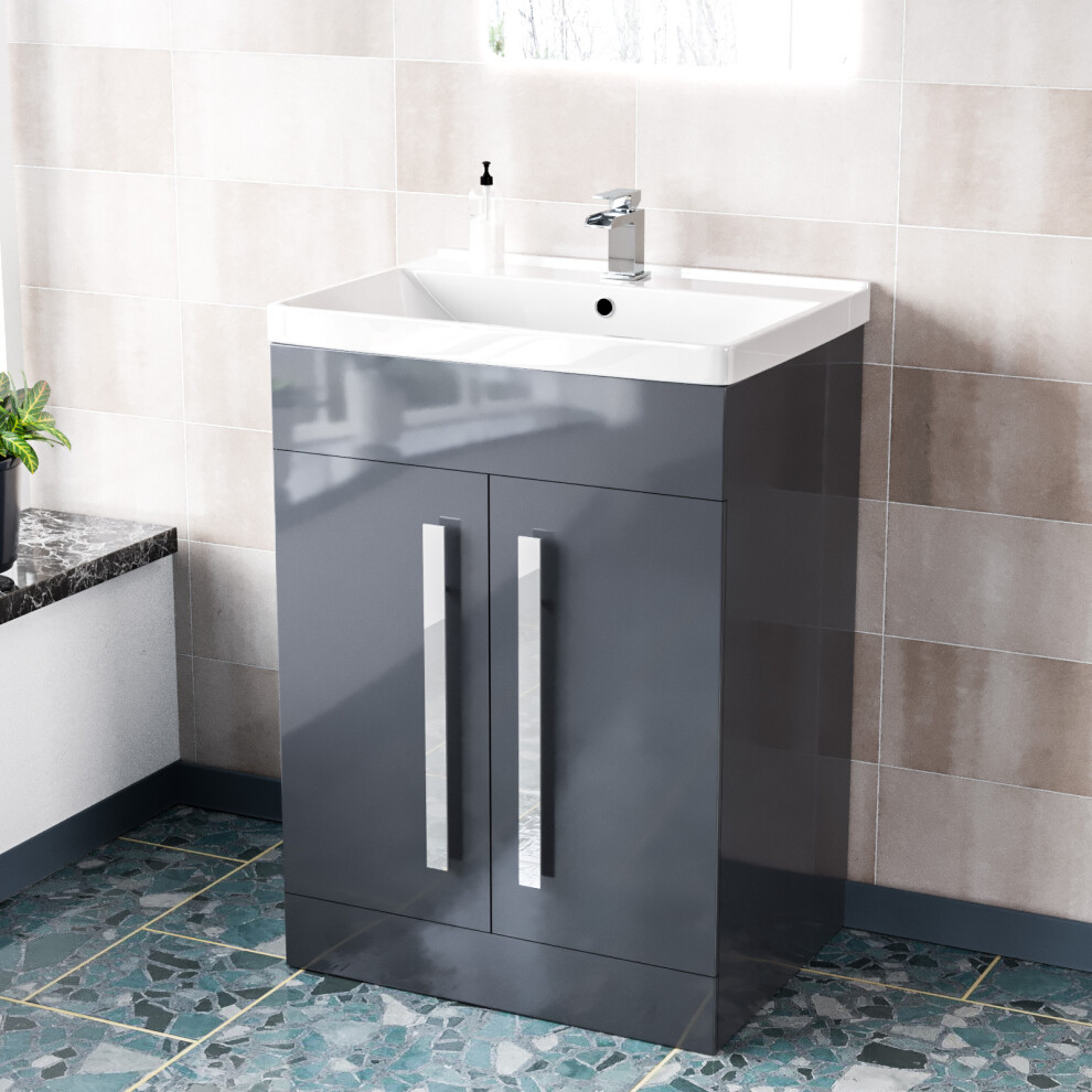 Nes Home Dark Grey 600mm Gloss Bathroom Basin Sink Cabinet & Ceramic Basin Flat Pack
