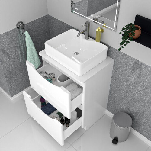NES Home Nes Home 600mm White Freestanding Vanity Unit, Worktop With Square Bowl Basin 2