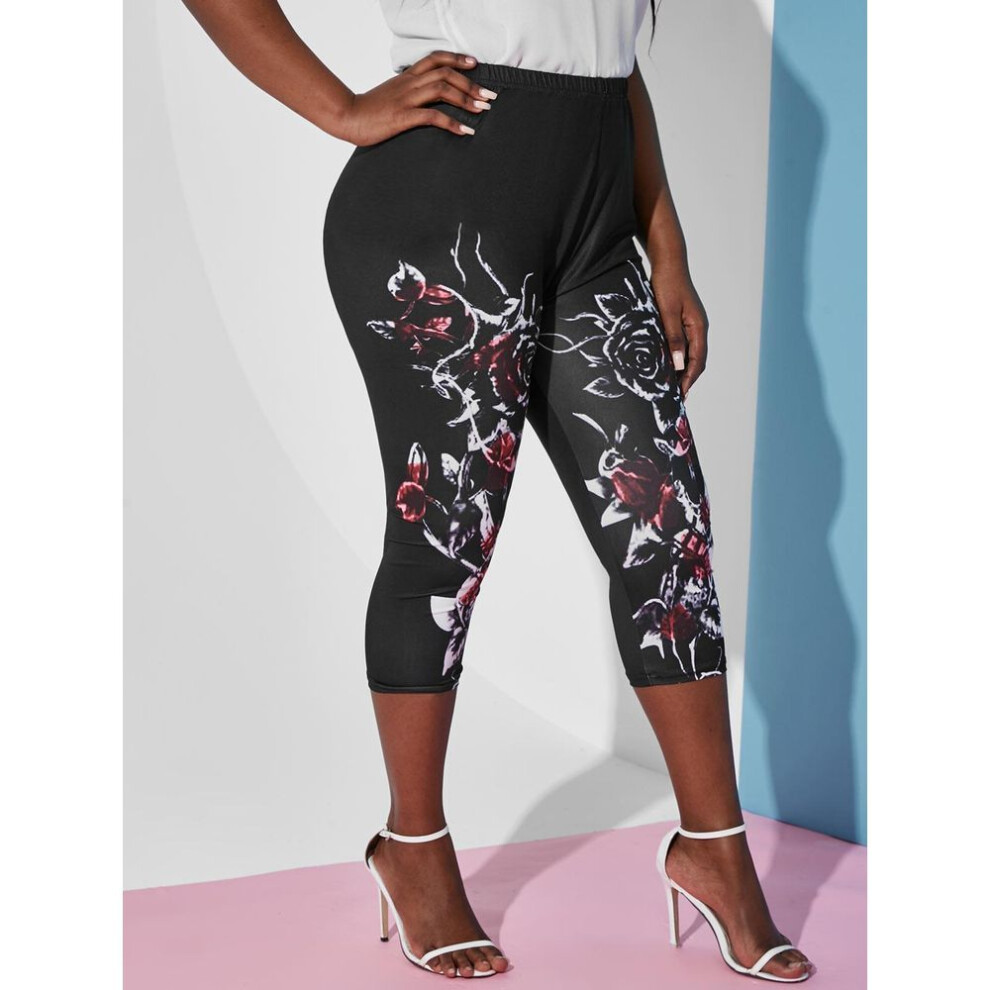 (black, L) Rosegal Plus Size High Rise Floral Print Capri Leggings