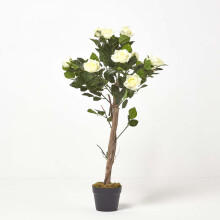 (White) Potted Rose Tree Artificial Plant with lifelike green leaves and single trunk, 90 cm
