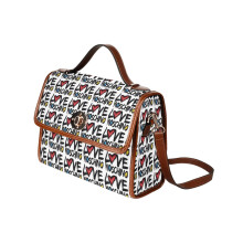 (LOVE MOSCHINO LOGO_4928) Canvas Crossbody Handbag with Lock Top All Over Print Retro Messenger Bag for Women, Girl Brown Trim & Adjustable Shoulder Strap Waterproof 10.8"L