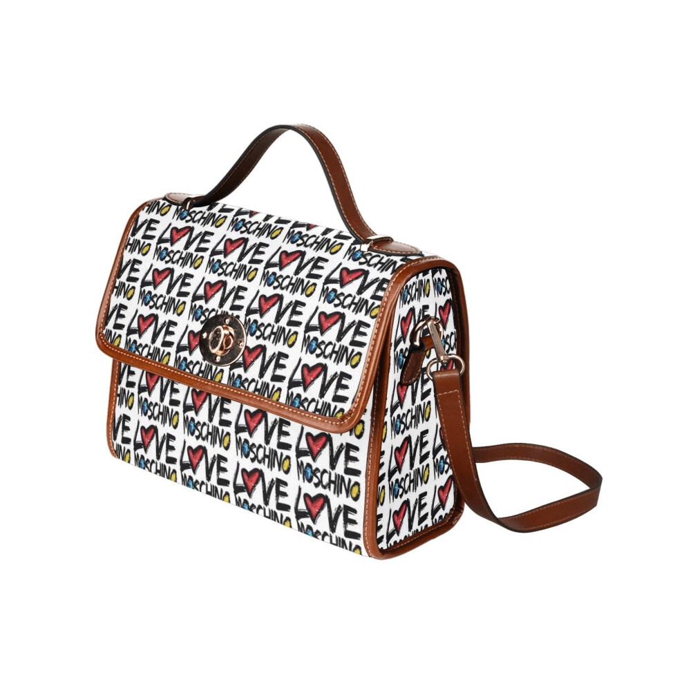 (LOVE MOSCHINO LOGO_4928) Canvas Crossbody Handbag with Lock Top All Over Print Retro Messenger Bag for Women, Girl Brown Trim & Adjustable Shoulder Strap Waterproof 10.8"L