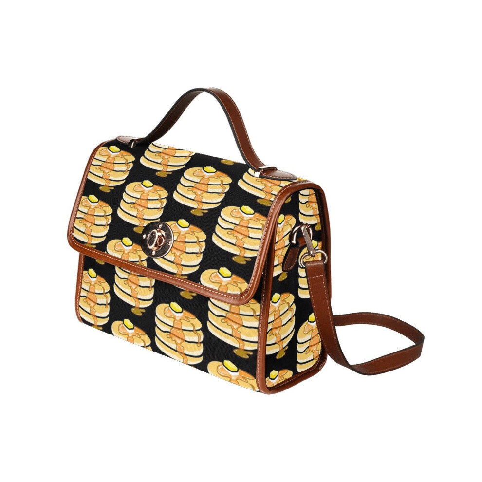 (Pancakes on black_4189) Canvas Crossbody Handbag with Lock Top All Over Print Retro Messenger Bag for Women, Girl Brown Trim & Adjustable Shoulder Strap Waterproof 10.8"L