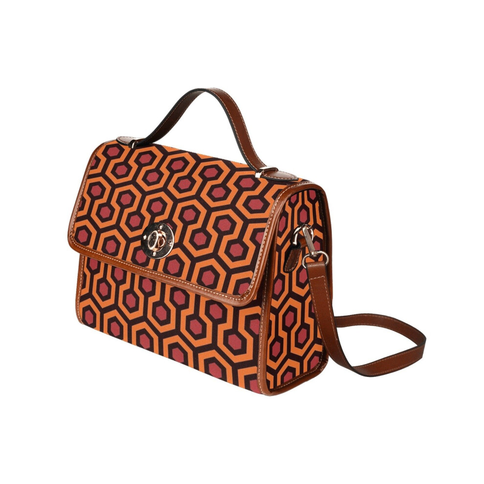 (Redrum Mid Century Modern MCM Overlook Hotel Shining 237 Pattern_5285) Canvas Crossbody Handbag with Lock Top All Over Print Retro Messenger Bag for Women, Girl Brown Trim & Adjustable Shoulder Strap Waterproof 10.8"L