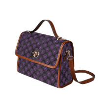 (Purple skull _4780) Canvas Crossbody Handbag with Lock Top All Over Print Retro Messenger Bag for Women, Girl Brown Trim & Adjustable Shoulder Strap Waterproof 10.8"L