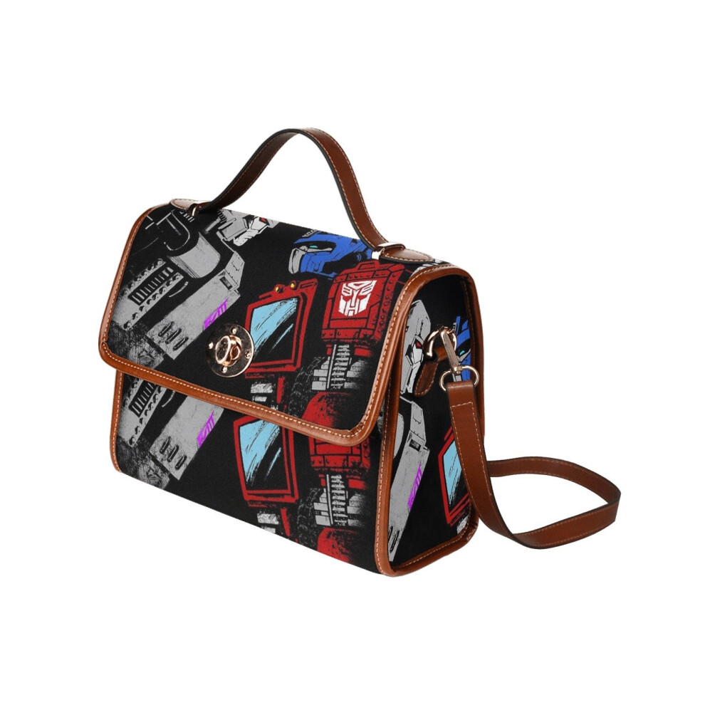 (optimus prime megatron transformers full color_22108) Canvas Crossbody Handbag with Lock Top All Over Print Retro Messenger Bag for Women, Girl Brown Trim & Adjustable Shoulder Strap Waterproof 10.8"L