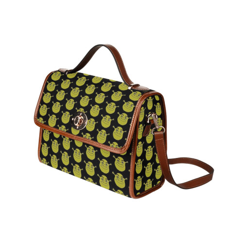 (Shrek B)_9627) Canvas Crossbody Handbag with Lock Top All Over Print Retro Messenger Bag for Women, Girl Brown Trim & Adjustable Shoulder Strap Waterproof 10.8