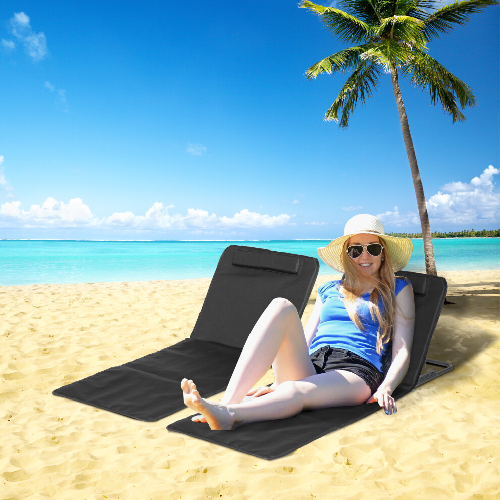 Outsunny 2 Pieces Outdoor Beach Mat Steel Reclining Chair Set W/ Pillow Black