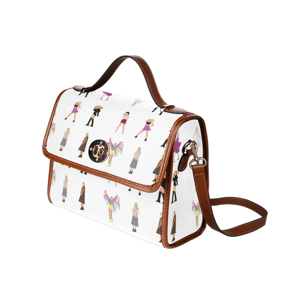 (Taylor Swift Eras Evolution_7754) Canvas Crossbody Handbag with Lock Top All Over Print Retro Messenger Bag for Women, Girl Brown Trim & Adjustable Shoulder Strap Waterproof 10.8"L