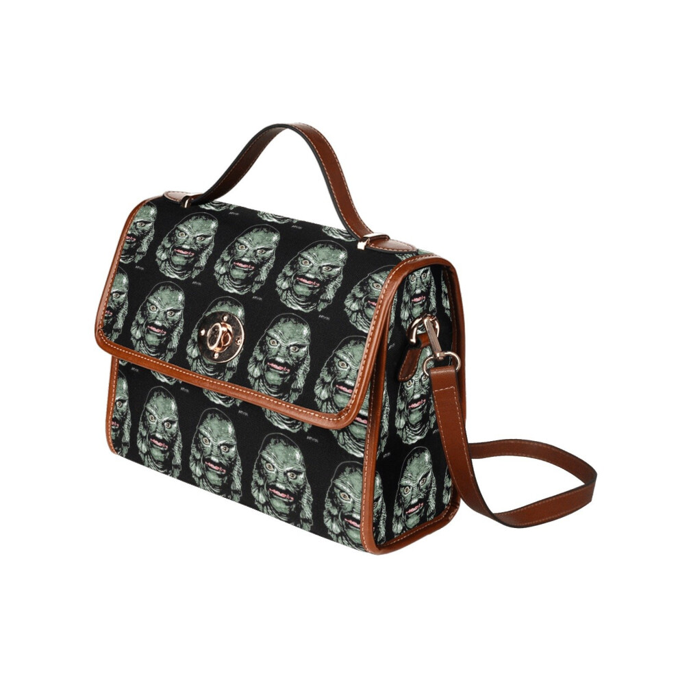 (The Creature from the Black Lagoon (Color)_6281) Canvas Crossbody Handbag with Lock Top All Over Print Retro Messenger Bag for Women, Girl Brown Trim & Adjustable Shoulder Strap Waterproof 10.8"L