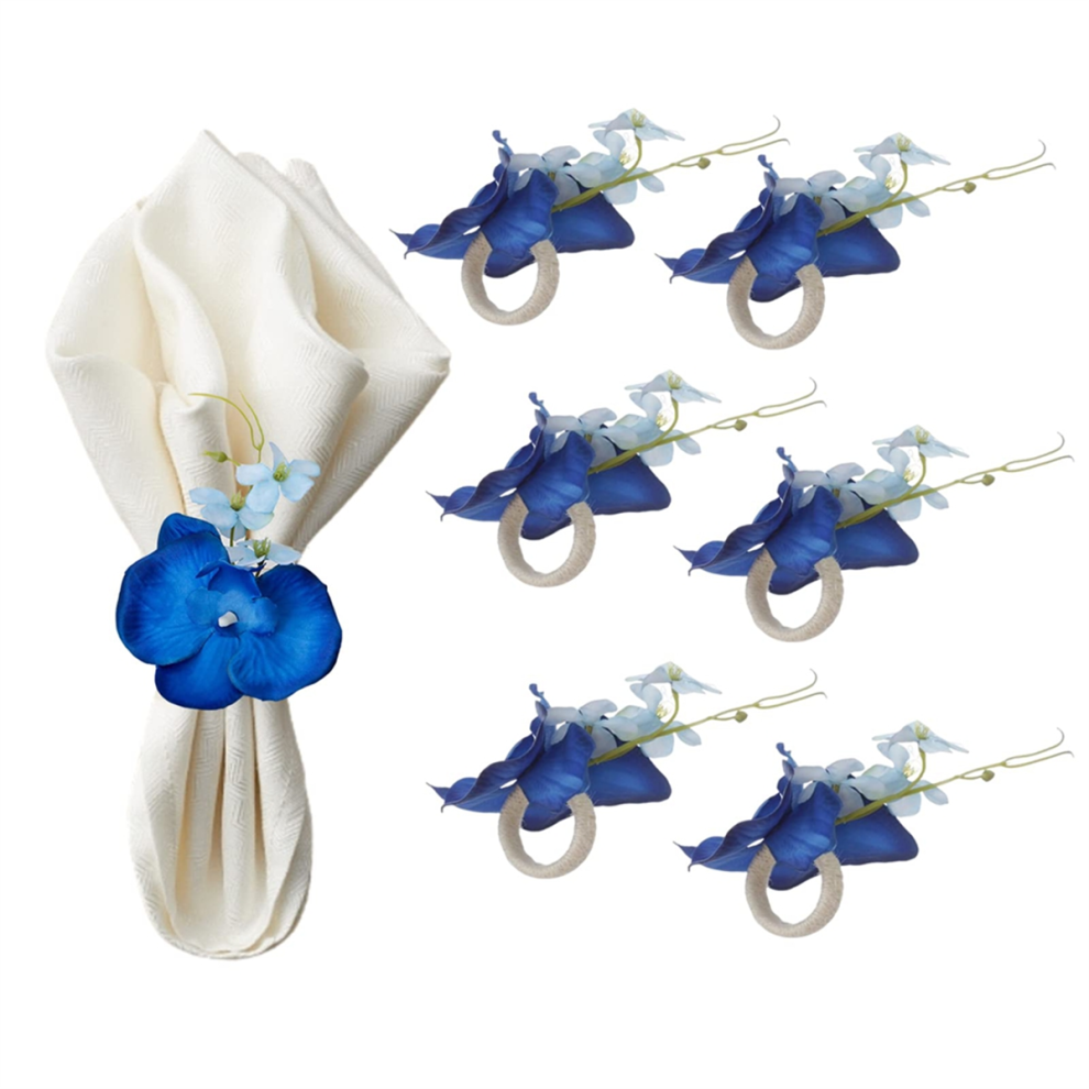Lot de 6 ronds de serviette en forme de fleur d'orchidée faits à la main, porte-fleurs bleus