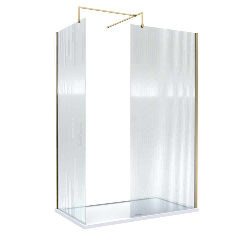 Balterley 8Mm Fluted Glass Walk In Wetroom Screens With Brushed Brass Profile And Shower Tray - 1400 X 800Mm White