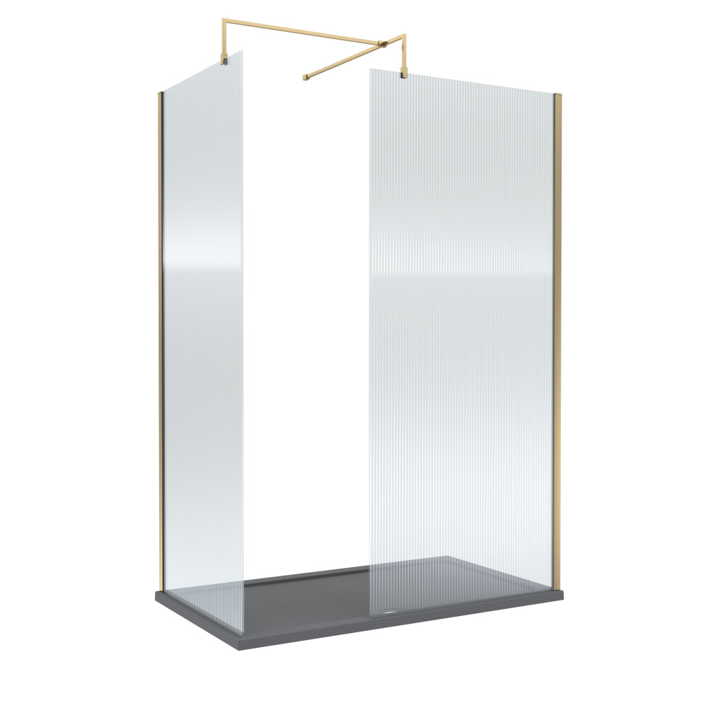 Balterley 8Mm Fluted Glass Walk In Wetroom Screen With Brushed Brass Profile And Slate Shower Tray - 1400 X 800Mm Grey