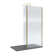 8mm Fluted Glass Walk In Wetroom Screen and Hinged Return with Brushed Brass Profile and Grey Shower Tray - 1400 x 900mm
