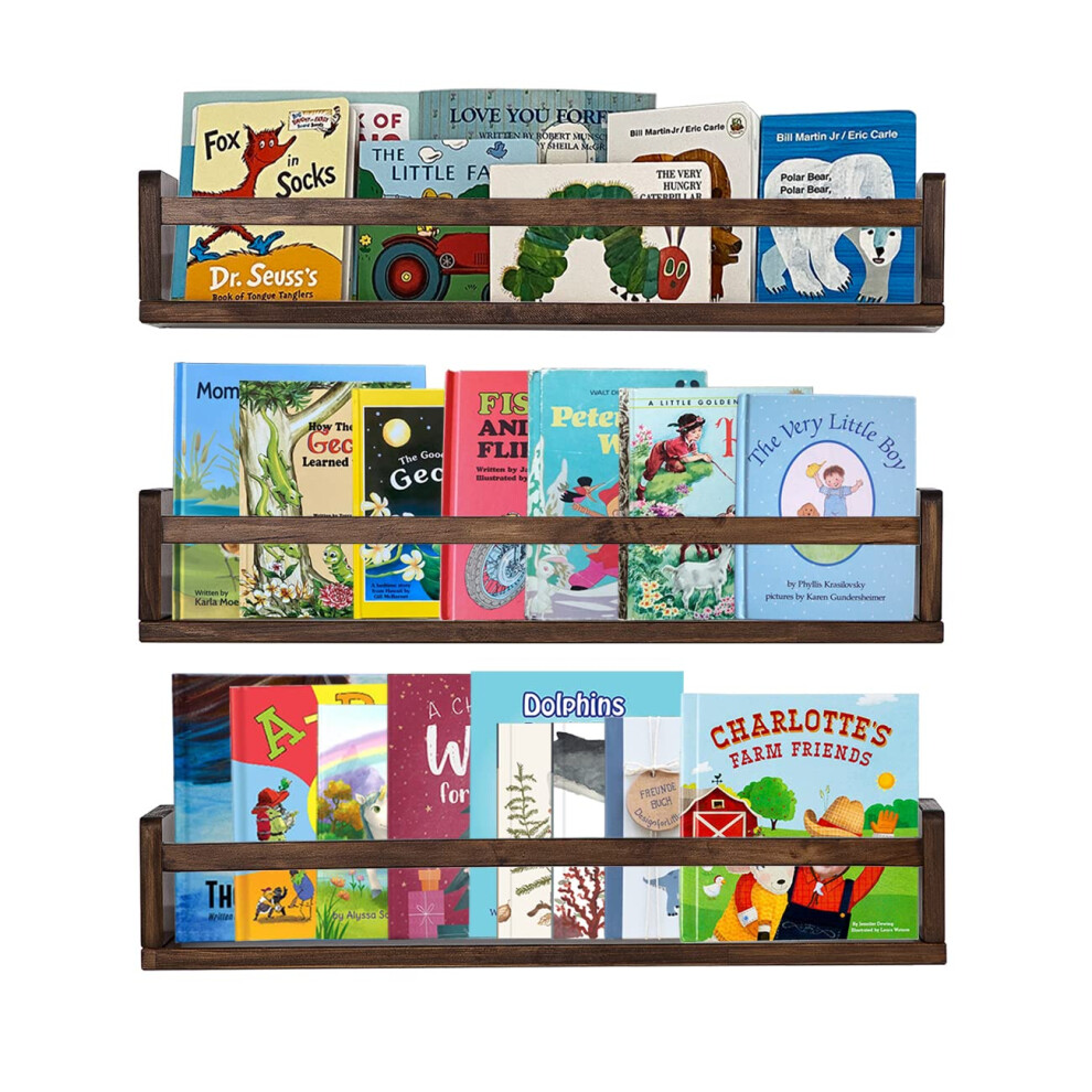 AZSKY Nursery Book Shelves 24 in Set of 3 Walnut Floating Bookshelf for Kids Room Wall Mounted Floating Shelves Solid Nursery Bookshelf Perfect Decor